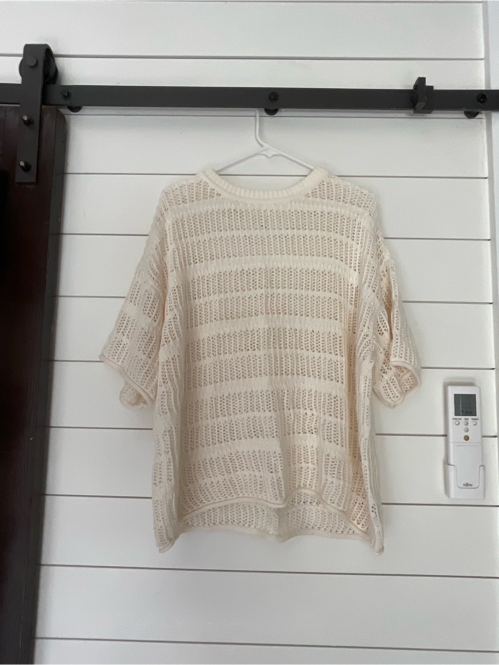 aerie Cream Open-Weave Short Sleeve Sweater
